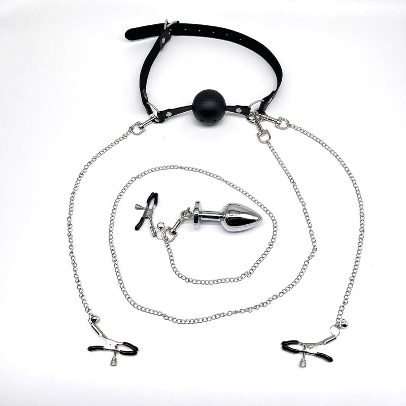 BDSM Bondage Set With Breathable Ball Gag And Clamps