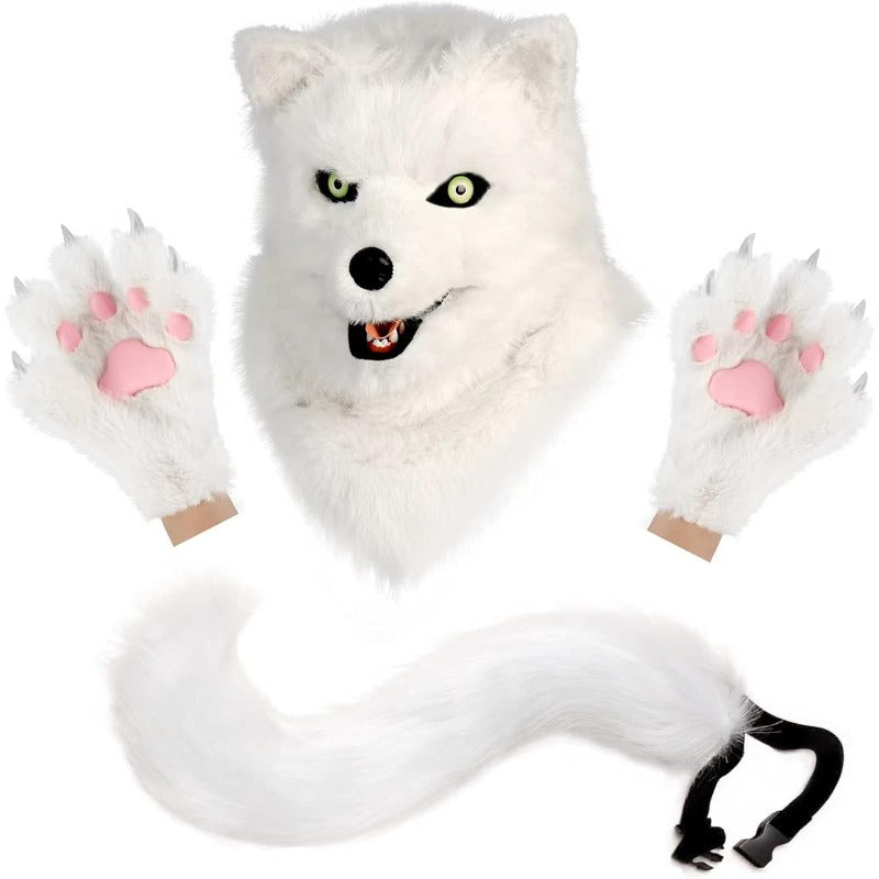 Wolf Dog Costume Set With Plush Tail Head Mask For Adults