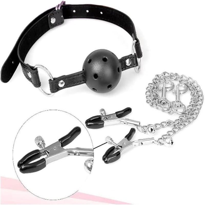 BDSM Bondage Set With Breathable Ball Gag And Clamps