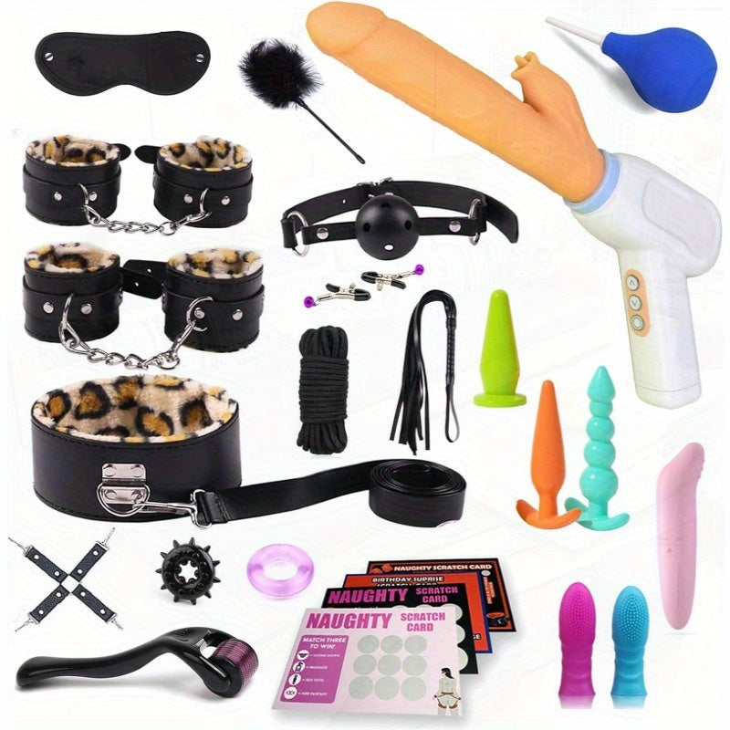 BDSM Sex Bondage Kit Restraints 25pcs Sets with Adjustable Handcuffs Collar Ankle Cuff Blindfold Feather Tickler Vibrator Anal Plug Adult Games Sex Toys, Bondages for Submissive Female Plus Size, Bondage Play, Restraint Kit,