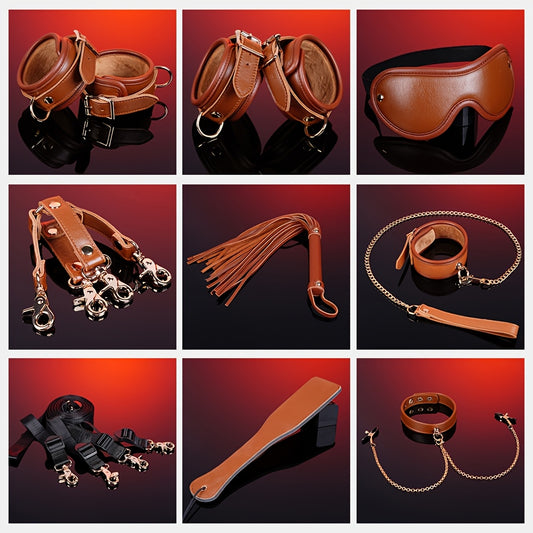 Premium Props Leather 9pc Bondage Kit Set For Couples BDSM