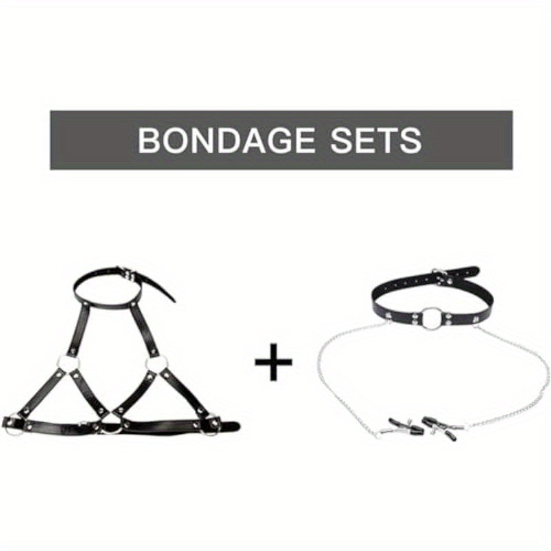 4-in-1 Adjustable BDSM Harness with Nipple Clamps, Neck Collar & Open Mouth Gag - Black & White Strap Design, Durable Metal Construction for Adult Couples, Flirting & Bondage Play, Couples Play Gear, Sleek Metallic Finish, St