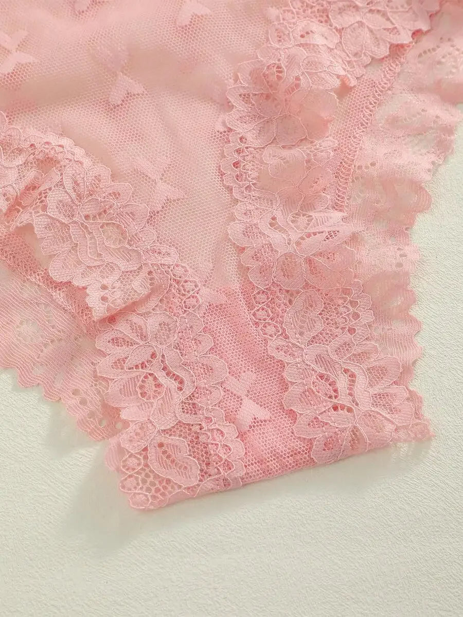 3 Pcs Women Pink Butterfly Lace Low Waist Comfortable Breathable Panties