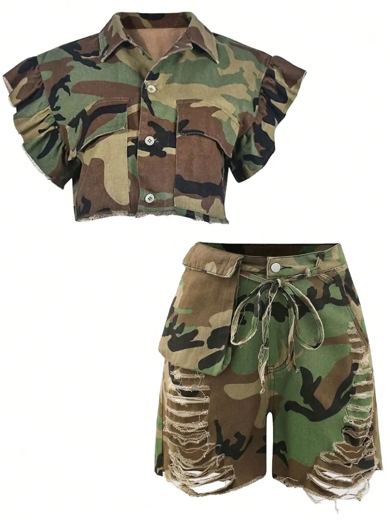GLOURI Women Summer Camo 2 Piece Outfits Lapel Flutter Sleeve Raw Hem Crop Top Shirt High Waist Belted Ripped Cargo Shorts Y2K Streetwear for Festival Dating Vacation Daily Wear