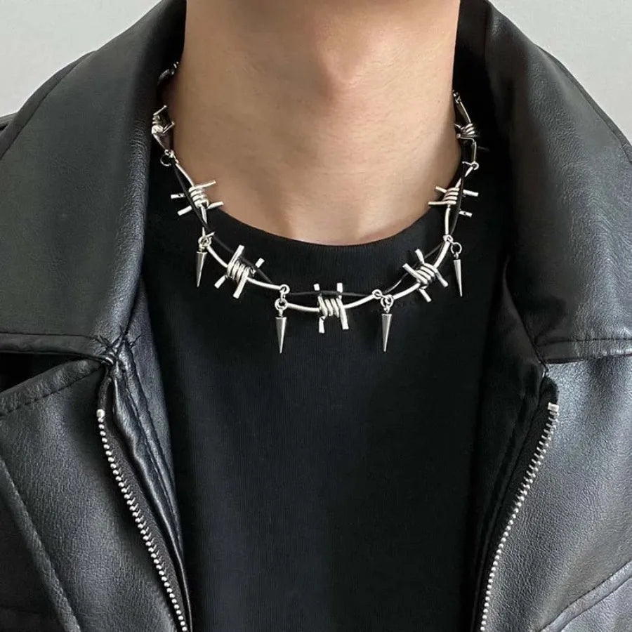 Punk Metal Thorn Rivet Choker Necklace For Men Woman Gothic Hip Hop Silver Color Clavicle Chain Necklace Y2K Jewelry Accessorie