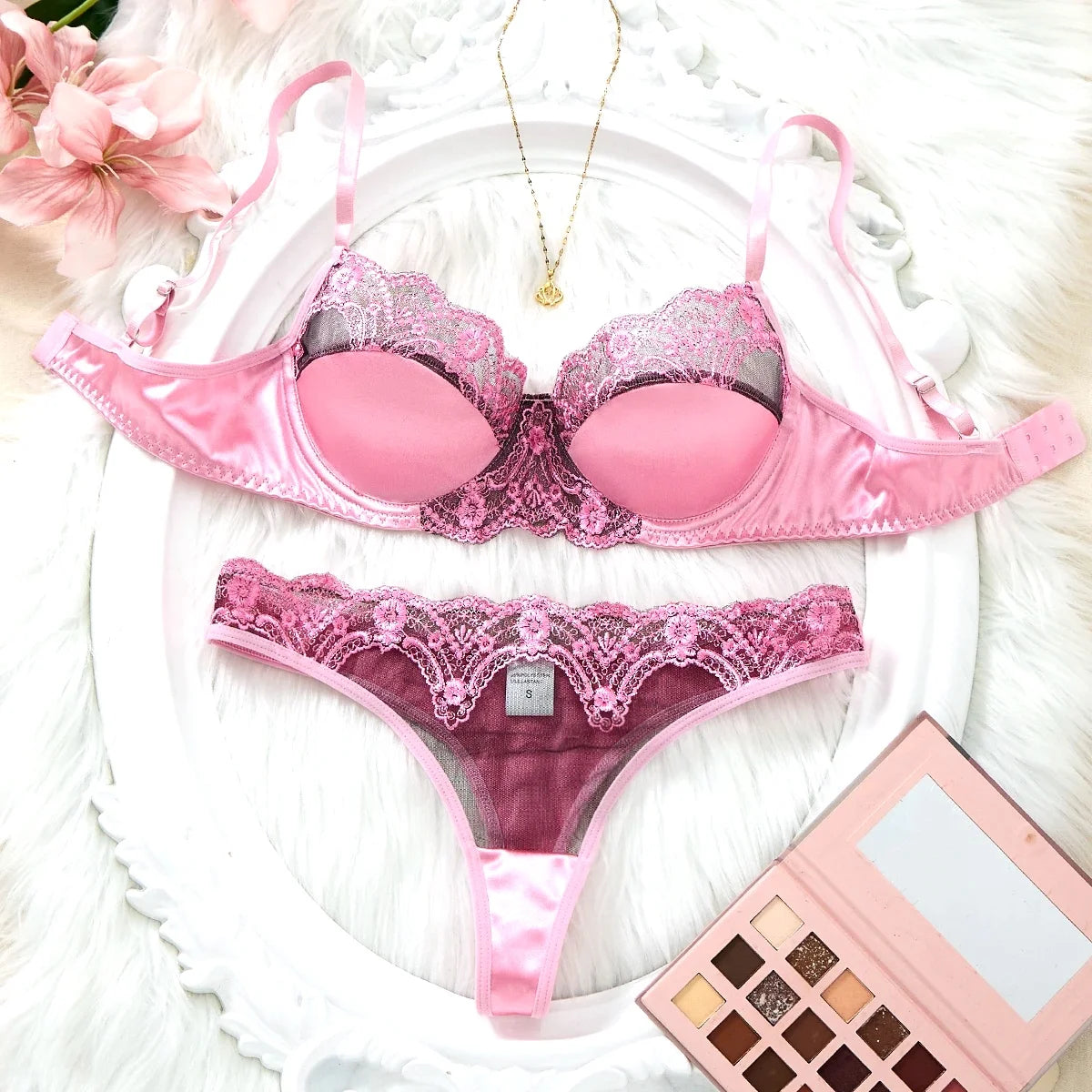 Pink satin lace lingerie set - gathered half-cup bra thong panties - date-oriented sensual women's lingerie ZA825289