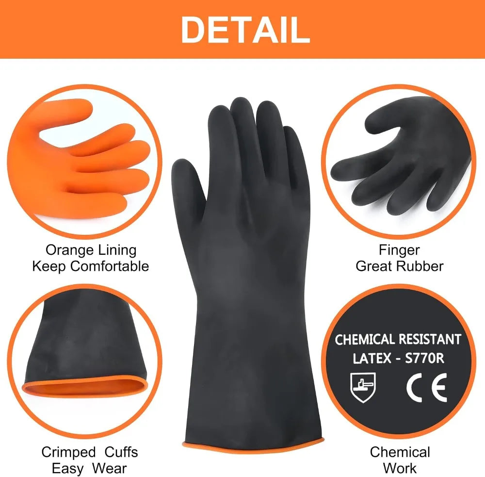 14" XL Heavy Duty Latex Gloves, Chemical Resistant, Reusable Long Rubber Gloves for Dishwashing, Forearm Protection, Waterproof, Acid Alkali Oil Proof
