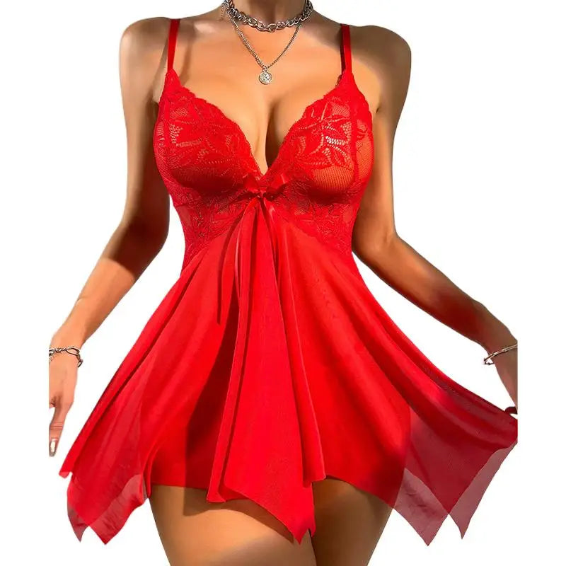 Summer Sexual Lingerie Woman Sleepwear Set Sexy Sling See-Through Babydolls Temptation Deep V Mini Pajamas Dress Erotic Costumes