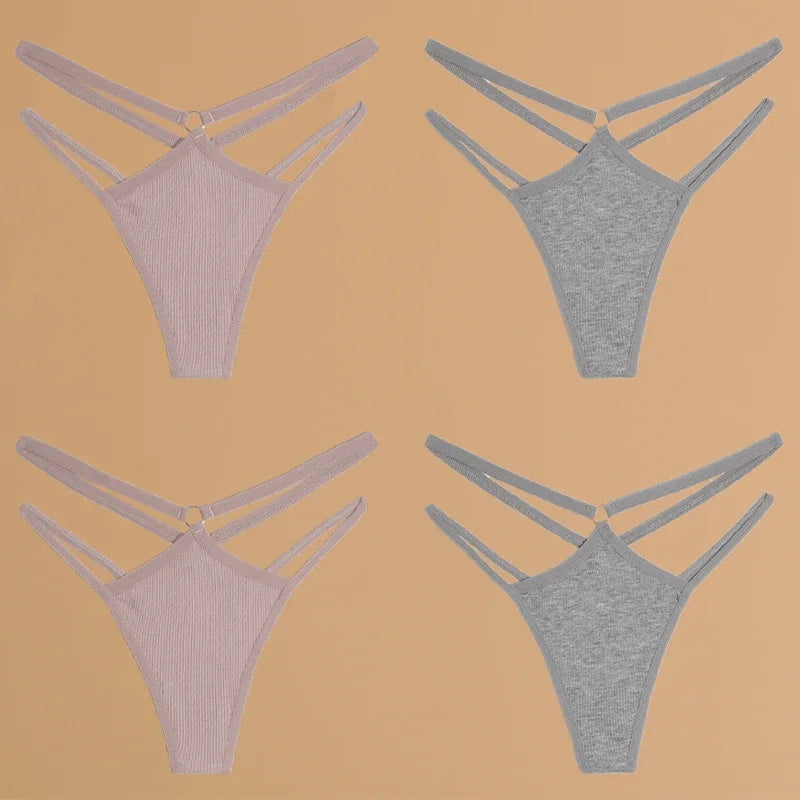 FINETOO 4Pcs Cotton Double Thin Belts Underwear for Women Sexy Low Waist Striped Thongs Ladies Soild Panties Breathable Lingerie