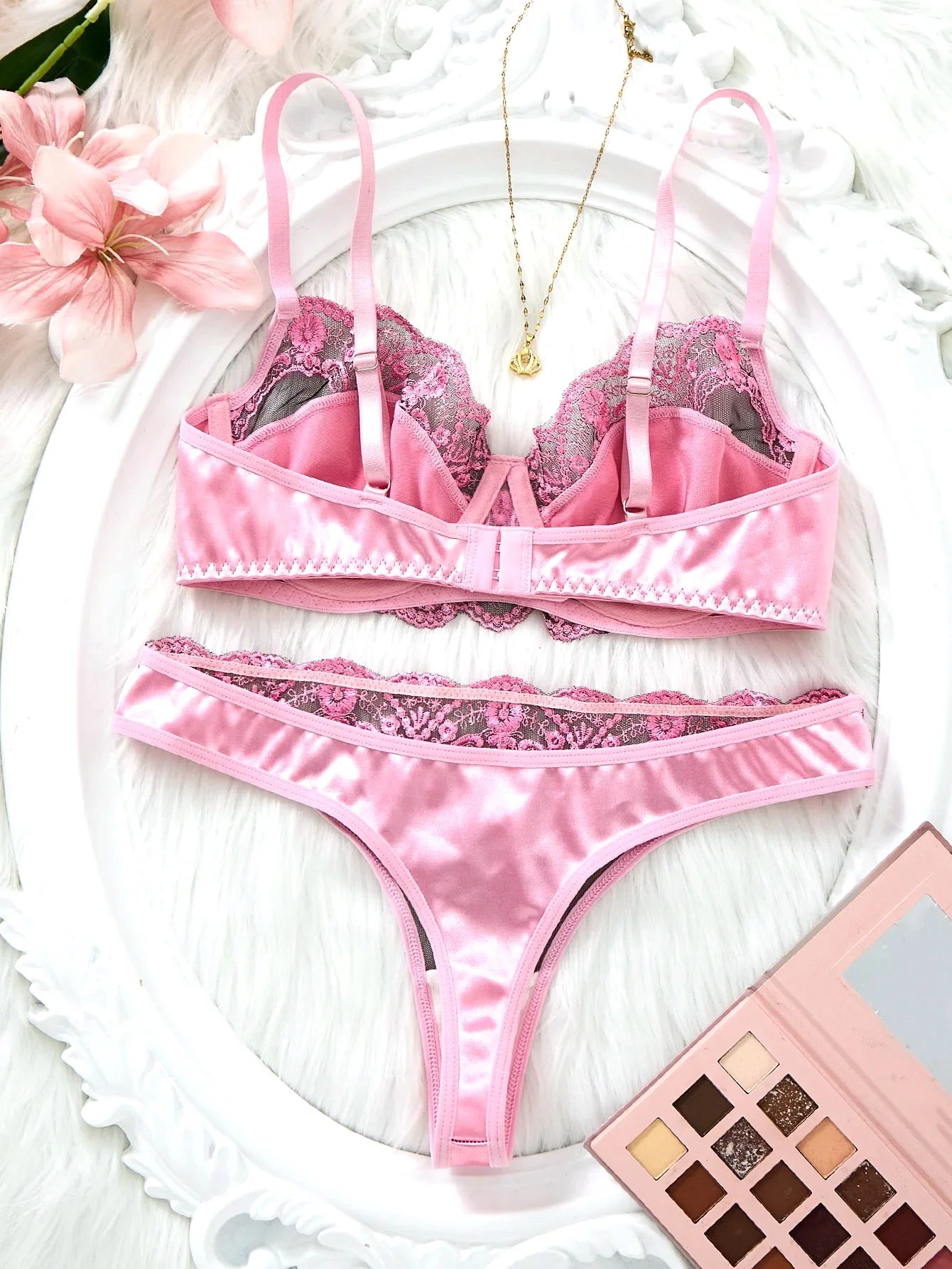 Pink satin lace lingerie set - gathered half-cup bra thong panties - date-oriented sensual women's lingerie ZA825289