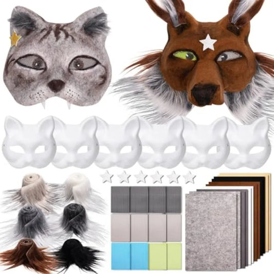 Cat Fox Therian Masks 42PCS with Felt Furs Eye Meshes and Stars, Costume Furry Masks to Paint, Animal Mask Arts Crafts Kit, Dre