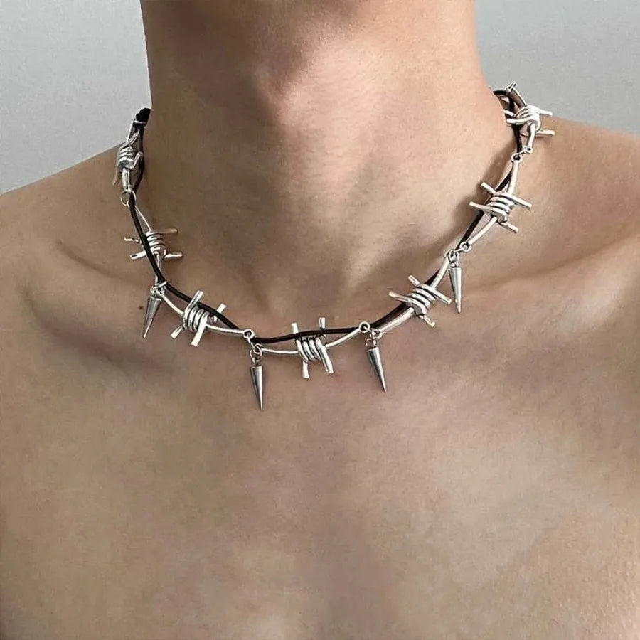 Punk Metal Thorn Rivet Choker Necklace For Men Woman Gothic Hip Hop Silver Color Clavicle Chain Necklace Y2K Jewelry Accessorie