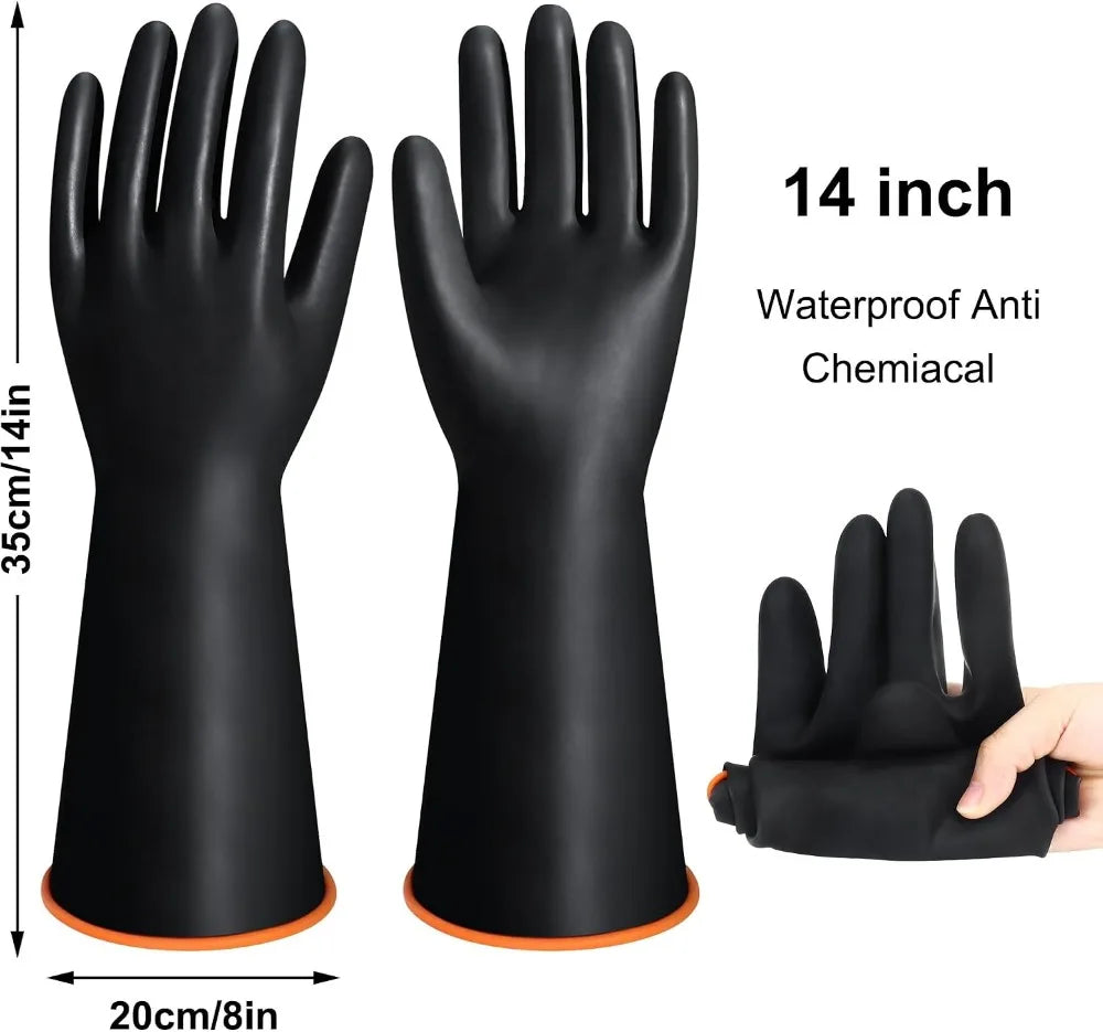 14" XL Heavy Duty Latex Gloves, Chemical Resistant, Reusable Long Rubber Gloves for Dishwashing, Forearm Protection, Waterproof, Acid Alkali Oil Proof