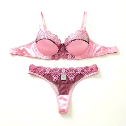 Pink satin lace lingerie set - gathered half-cup bra thong panties - date-oriented sensual women's lingerie ZA825289
