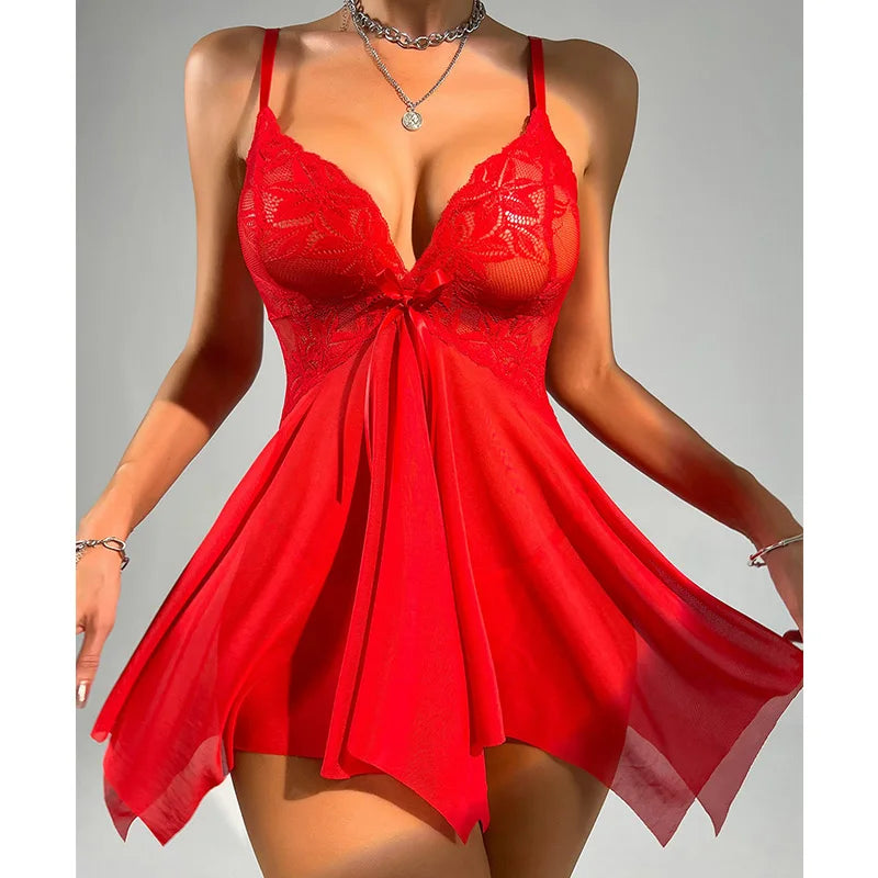 Summer Sexual Lingerie Woman Sleepwear Set Sexy Sling See-Through Babydolls Temptation Deep V Mini Pajamas Dress Erotic Costumes