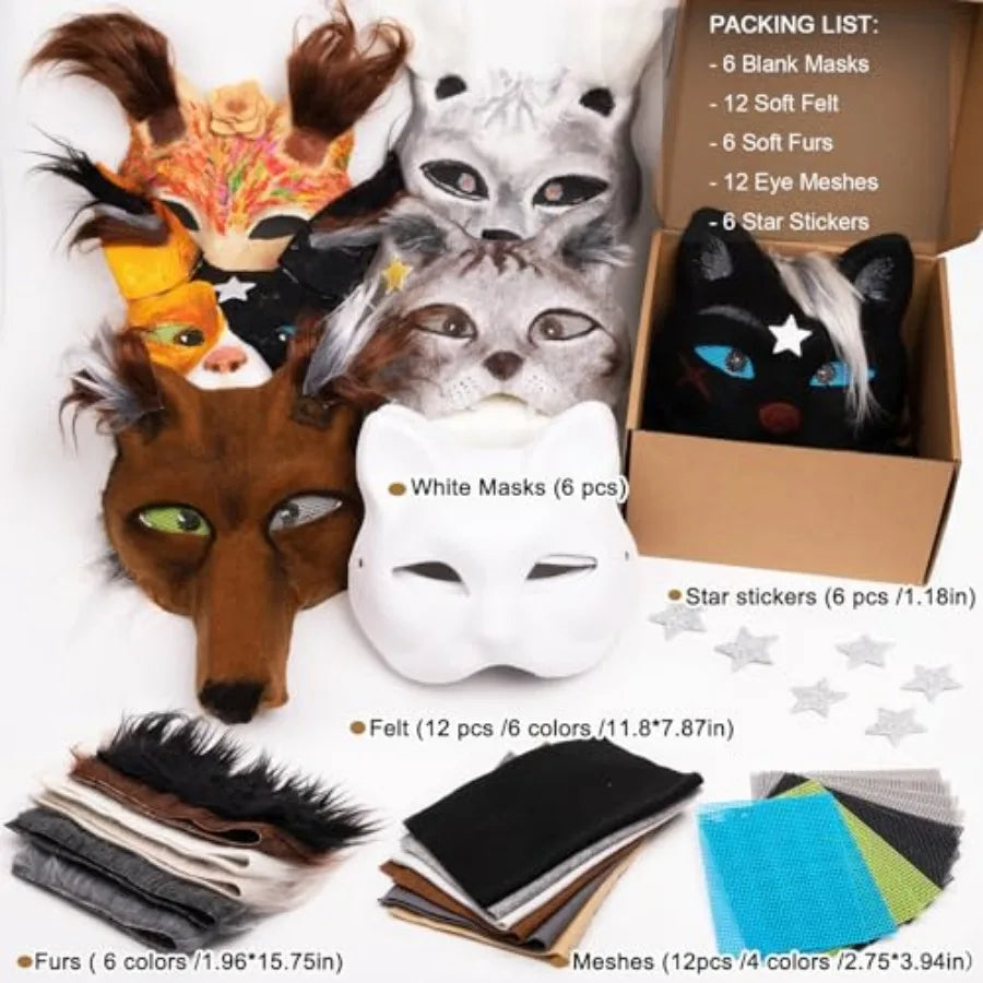 Cat Fox Therian Masks 42PCS with Felt Furs Eye Meshes and Stars, Costume Furry Masks to Paint, Animal Mask Arts Crafts Kit, Dre