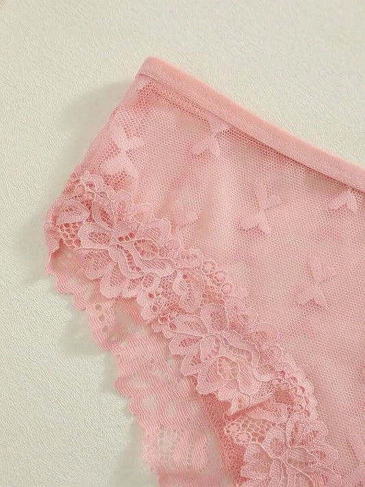 3 Pcs Women Pink Butterfly Lace Low Waist Comfortable Breathable Panties