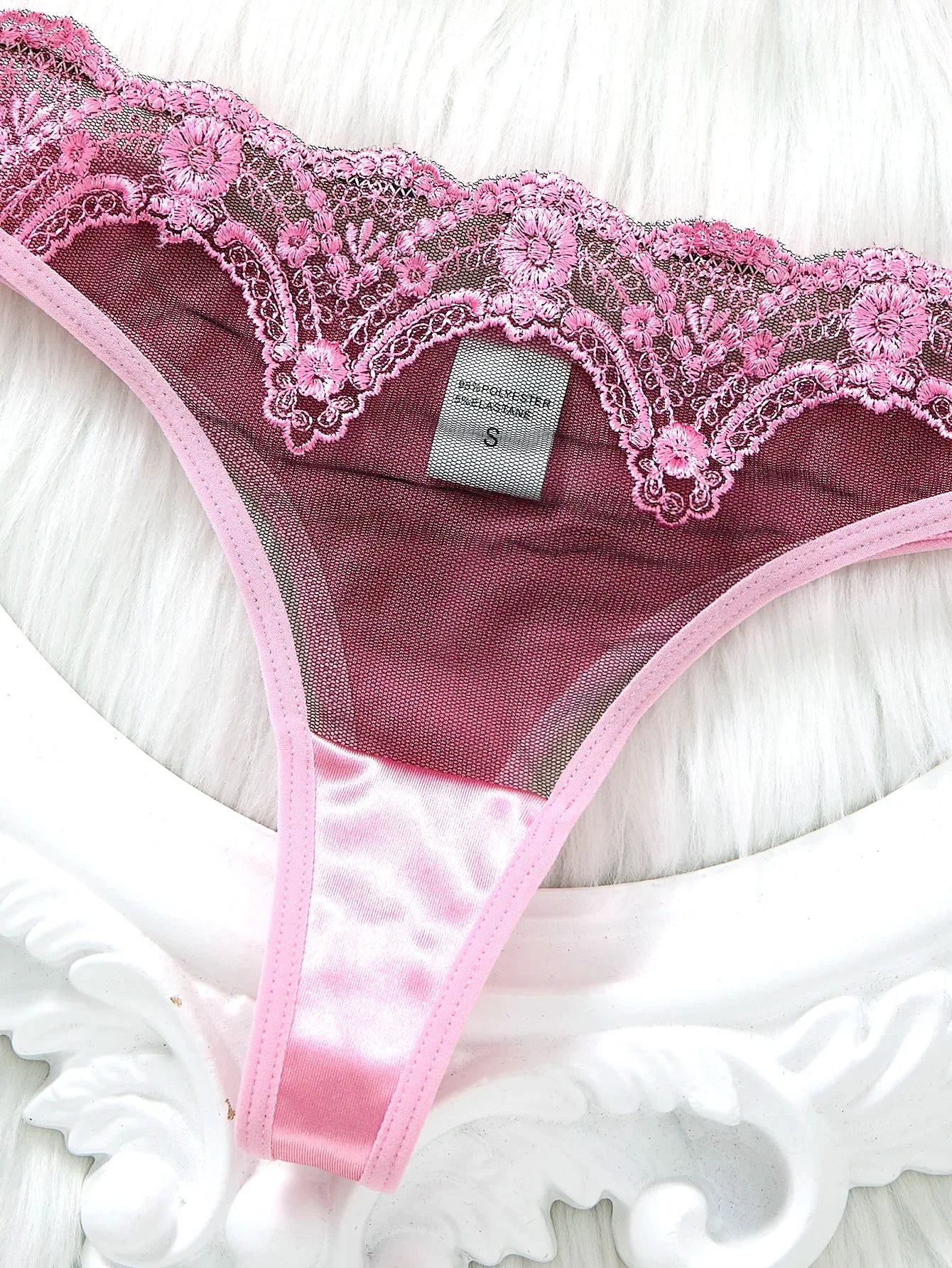 Pink satin lace lingerie set - gathered half-cup bra thong panties - date-oriented sensual women's lingerie ZA825289