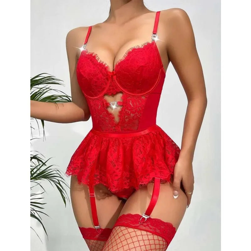 Sexy Lace Flower Lingerie Women's Sexy Clothing Women's Bras And Underwear Sexy Women's G-string Garter Belt Lingerie Sets