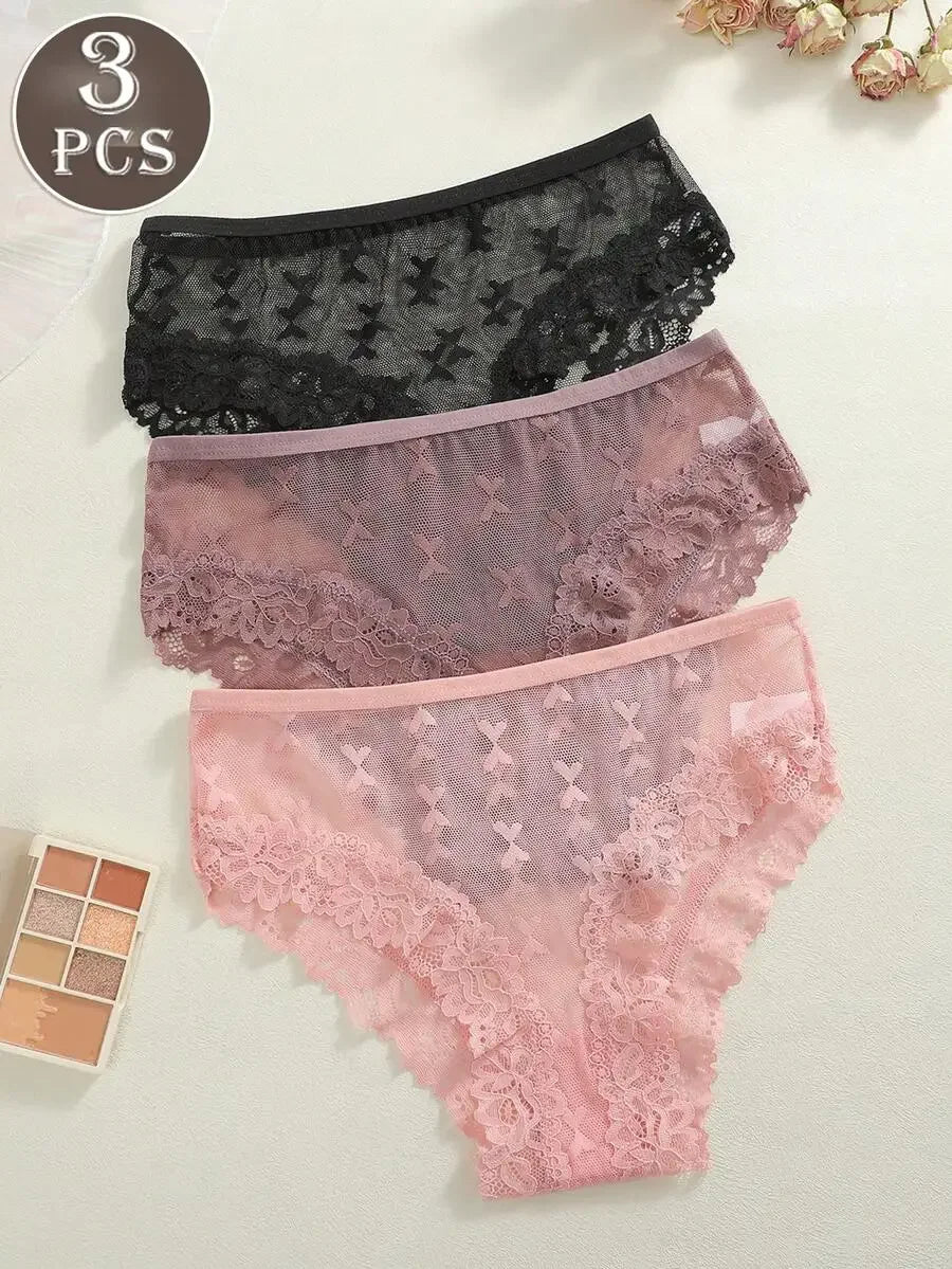 3 Pcs Women Pink Butterfly Lace Low Waist Comfortable Breathable Panties