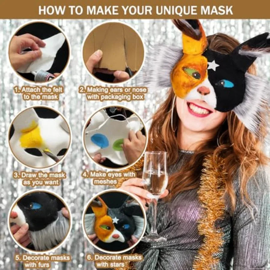 Cat Fox Therian Masks 42PCS with Felt Furs Eye Meshes and Stars, Costume Furry Masks to Paint, Animal Mask Arts Crafts Kit, Dre