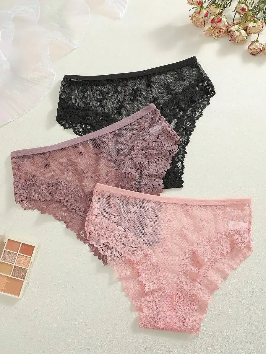 3 Pcs Women Pink Butterfly Lace Low Waist Comfortable Breathable Panties