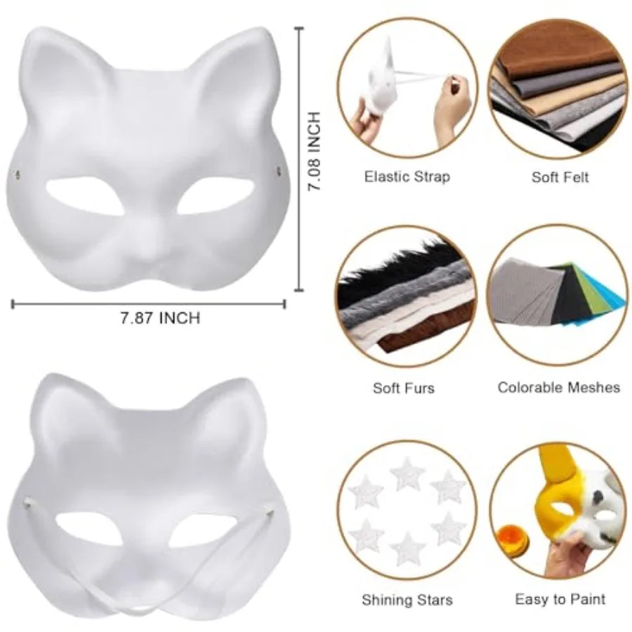 Cat Fox Therian Masks 42PCS with Felt Furs Eye Meshes and Stars, Costume Furry Masks to Paint, Animal Mask Arts Crafts Kit, Dre