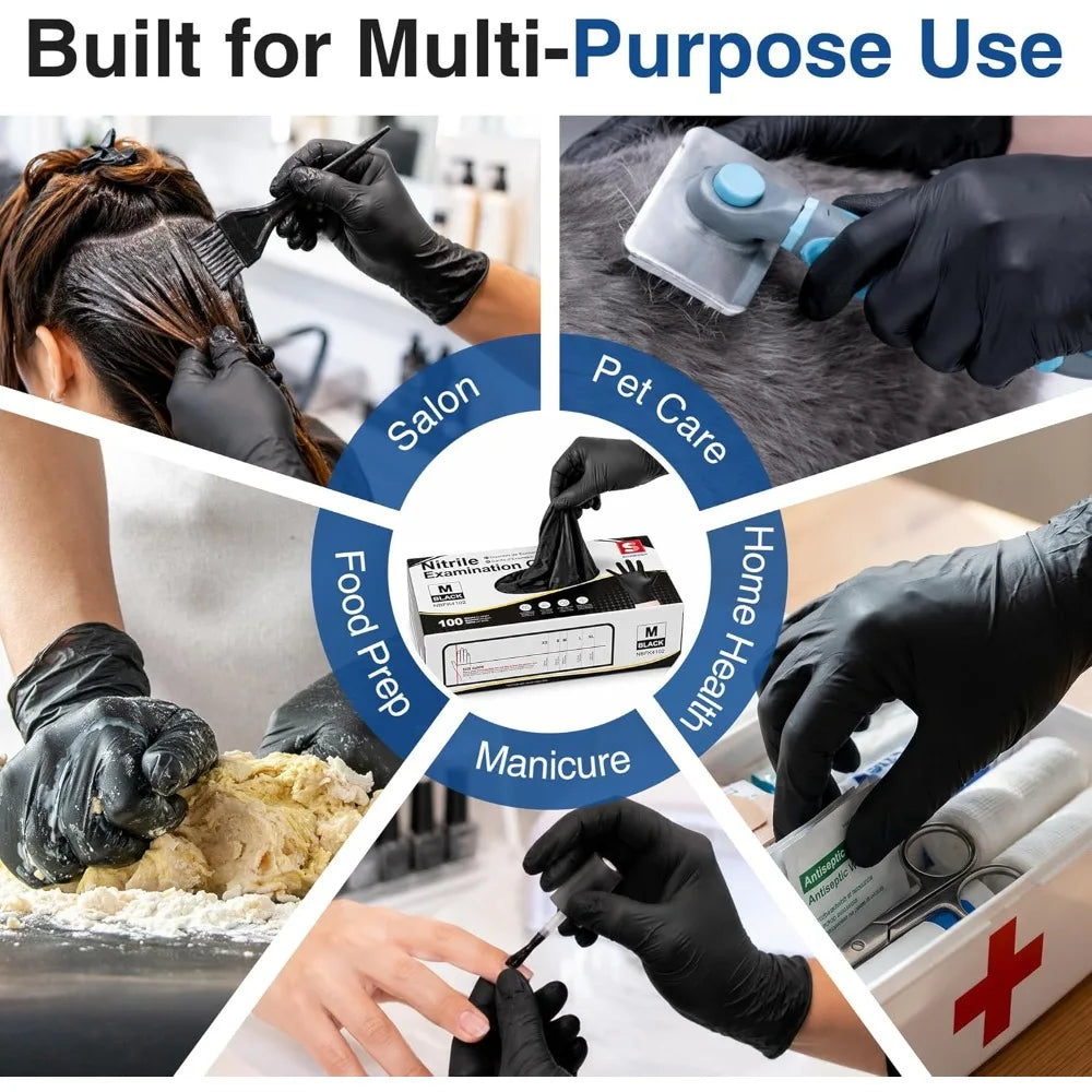Medical Exam Disposable Black Nitrile Gloves Powder Free Latex Safe for Food Prep Cleaning