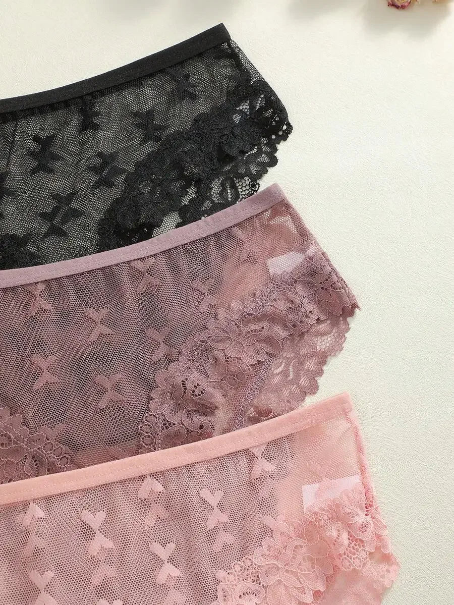 3 Pcs Women Pink Butterfly Lace Low Waist Comfortable Breathable Panties