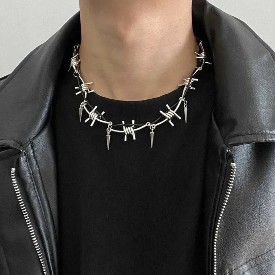 Punk Metal Thorn Rivet Choker Necklace For Men Woman Gothic Hip Hop Silver Color Clavicle Chain Necklace Y2K Jewelry Accessorie
