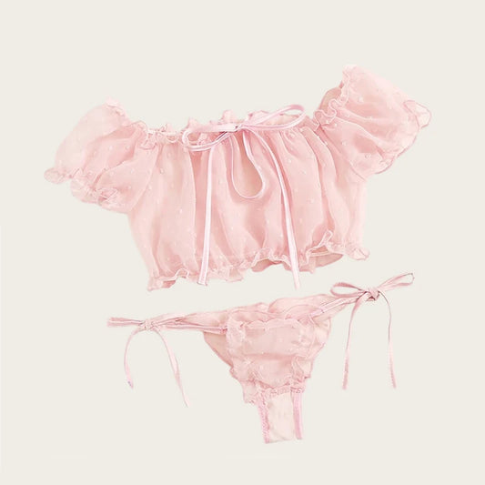 Women's Lingerie Sexy Mesh Bra Set Off Shoulder Ruffle Underwear Set Cute Dot Transparent Bras Thong Bandage Lenceria Intimates