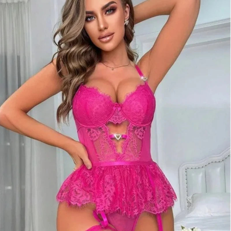 Sexy Lace Flower Lingerie Women's Sexy Clothing Women's Bras And Underwear Sexy Women's G-string Garter Belt Lingerie Sets