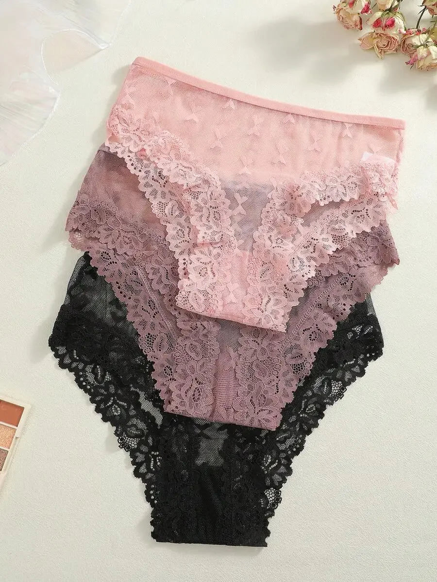 3 Pcs Women Pink Butterfly Lace Low Waist Comfortable Breathable Panties