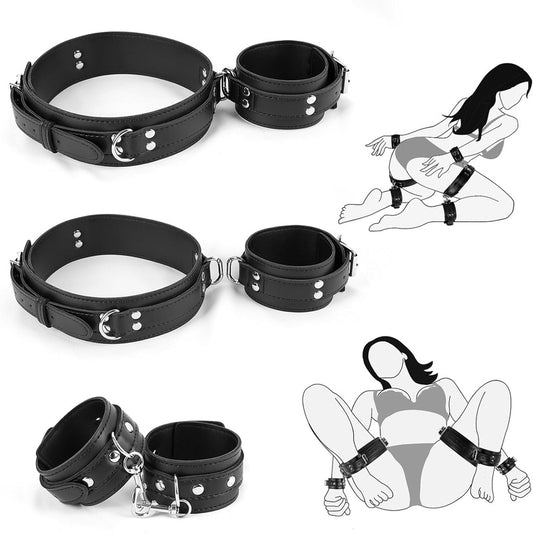 Leather BDSM Bondage Cuffs Set With Adjustable Straps