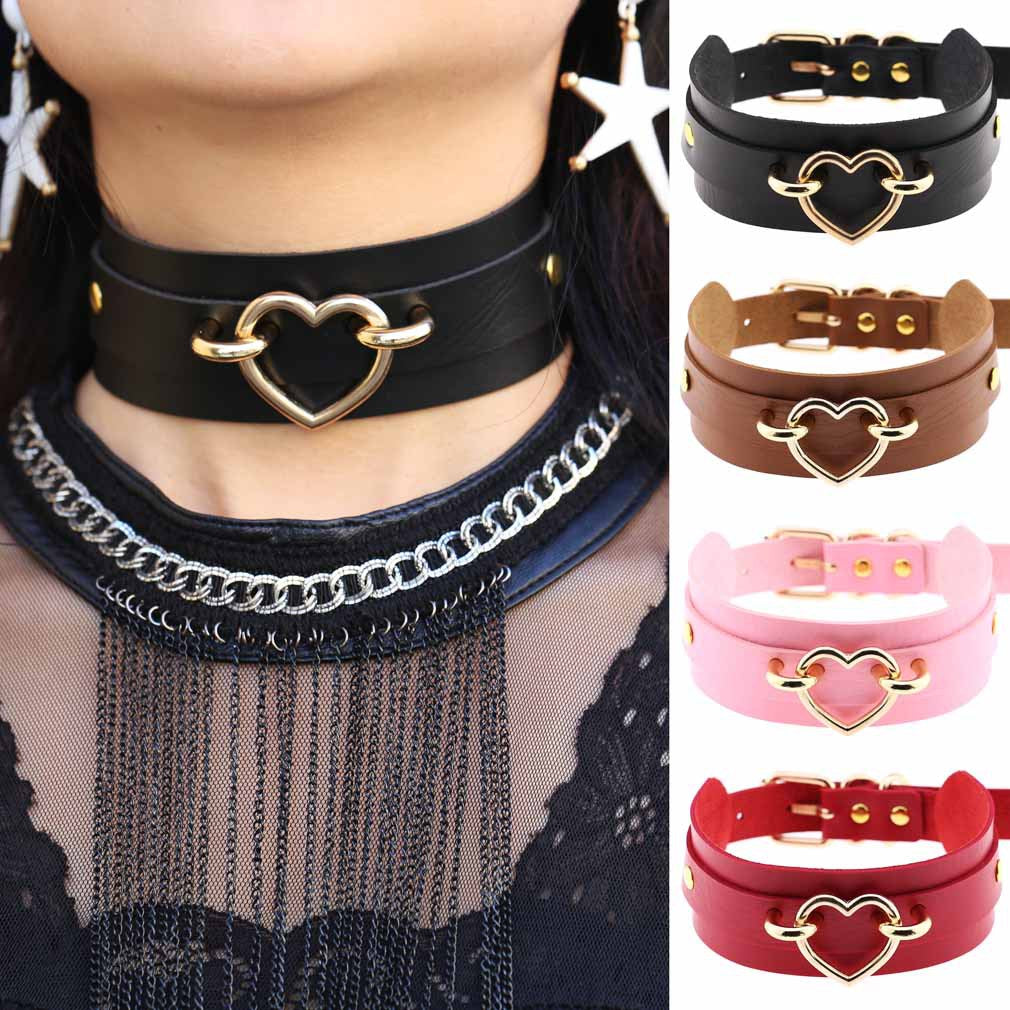 PU Leather Restraint Collar Heart Necklace Choker European American Style