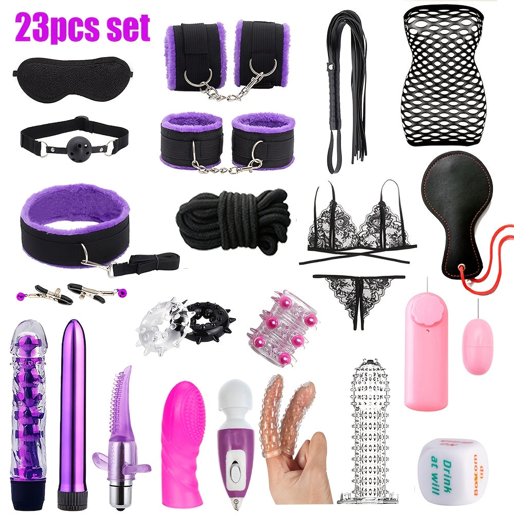 23pcs Bondage Sex Kit ForCouples-Beginners BDSMSet with Vibrators, Lingerie.Handcuffs, Whip, Blindfold & More