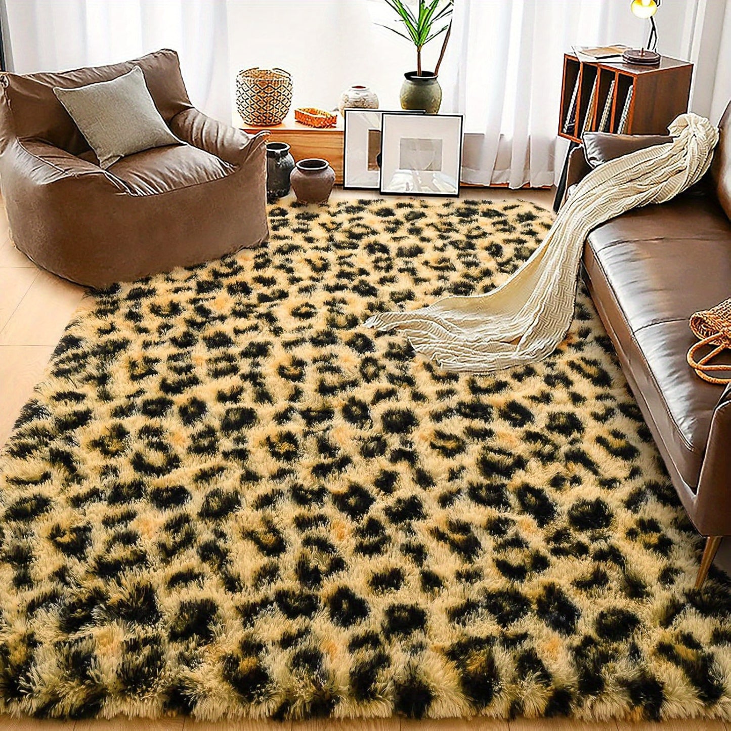 HOMORE Furies Leopard Print Shag Area Rug For Living Rooms