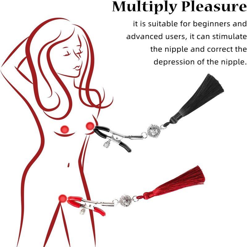 WHITE HAND Nipple Toys Adjustable 2 Pcs Nipple Clamps, BDSM Nipple Clamps Sexual Pleasure Tools for Women Couples, Breast Sex Toy with Decorative Tassels and Bell, Adult Toys for Women Female Black