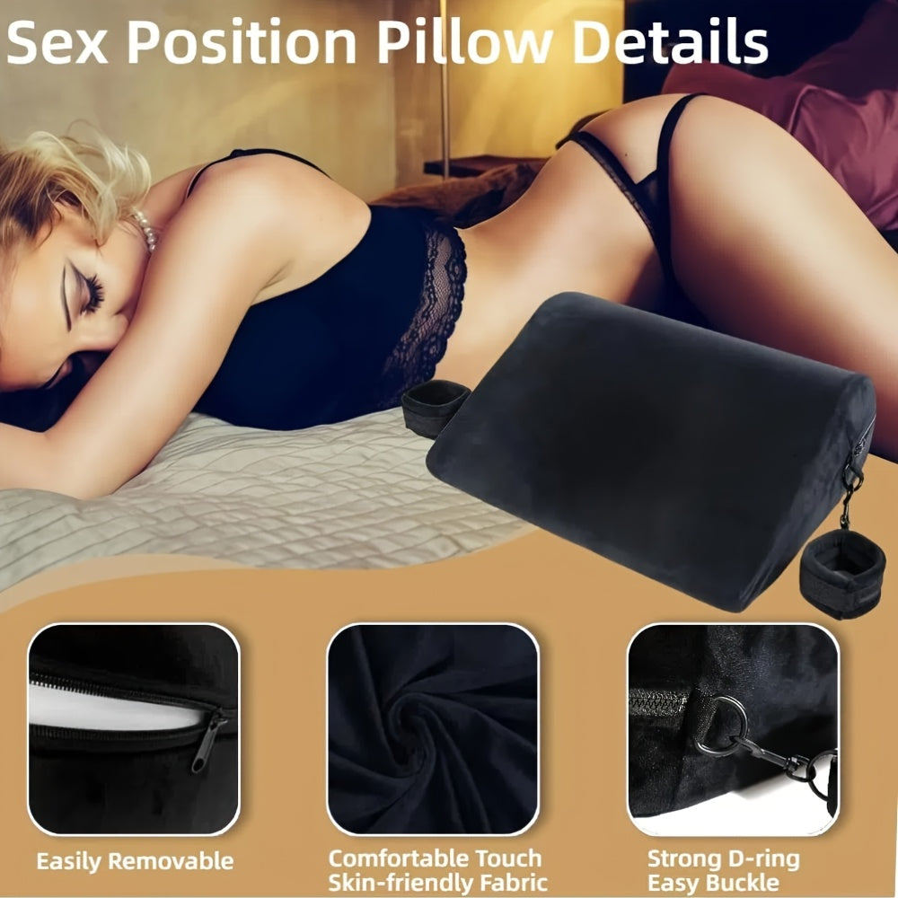Sex Pillow Foam Sex Furniture Position Pillows With Restraints Handcuffs Set | BDSM Bondage Foam Cushion With Wrist Cuffs, Multifunctional Sex Toys Pillows For Couples, PVC Material, Black