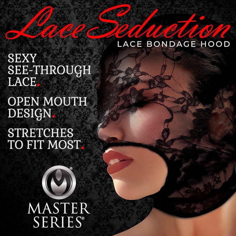 Master Series Lace Seduction Bondage Hood | BDSM Sexy Fetish Costume, Machine Washable, Polyester, Black, One Size Fits Most