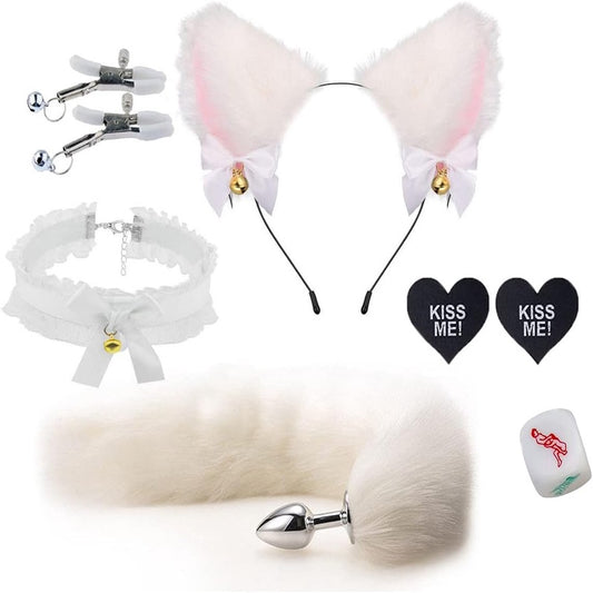 Plush Cat Ear Headband Set With Tail Anal Plug And Nipple Clamps