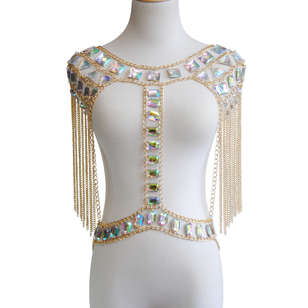 Acrylic Body Chain Jewelry With Gemstone Patchwork Chest Accessory