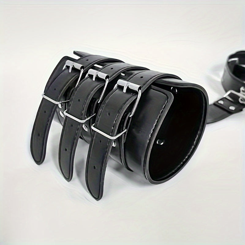 Two-Piece Set for Bondage Training | Includes Backhand Strap with Double-Headed Nipple Clamps and Restraint Cuffs, B/SM, Metal Nipple Clamps