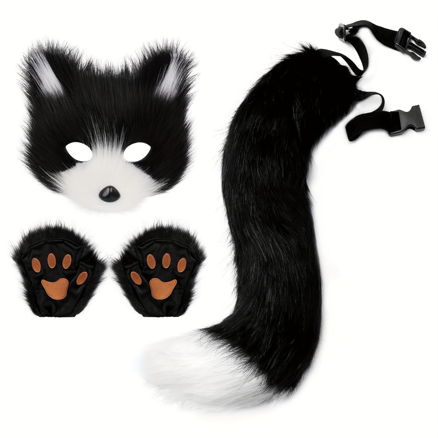 Fox Tail Cosplay Set With Plush Mask And Paw Gloves