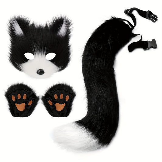 Fox Tail Cosplay Set With Plush Mask And Paw Gloves
