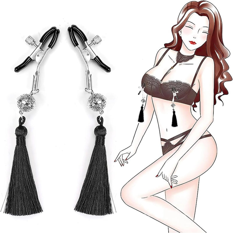 WHITE HAND Nipple Toys Adjustable 2 Pcs Nipple Clamps, BDSM Nipple Clamps Sexual Pleasure Tools for Women Couples, Breast Sex Toy with Decorative Tassels and Bell, Adult Toys for Women Female Black
