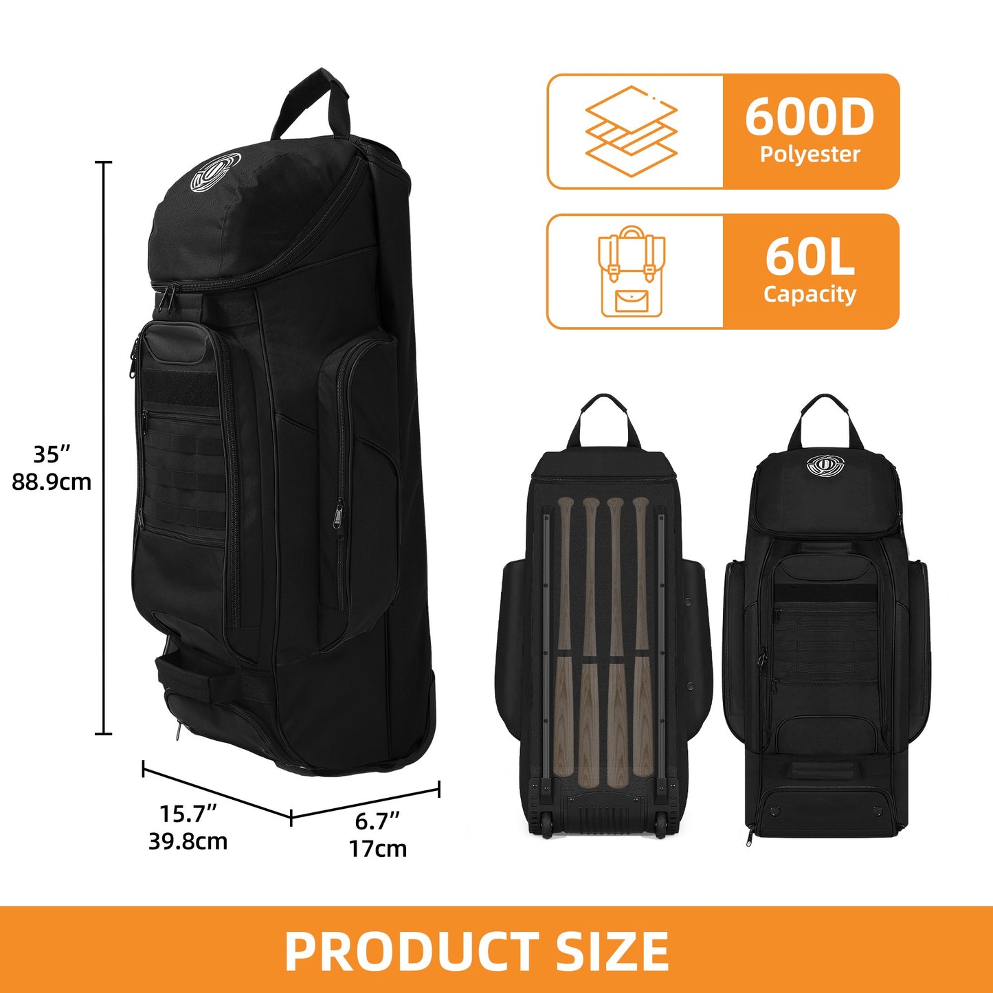 SHOPSOURCE Baseball Tugboat Bag With Backboard Support
