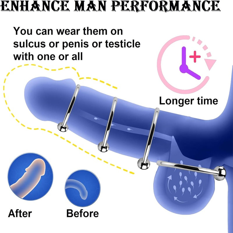 Pack of 8 Stainless Steel Cock Penis Rings for Men in 6 Sizes and Female Nipple Clitoris Clamps | Compatible with BDSM Gears, No Battery Required