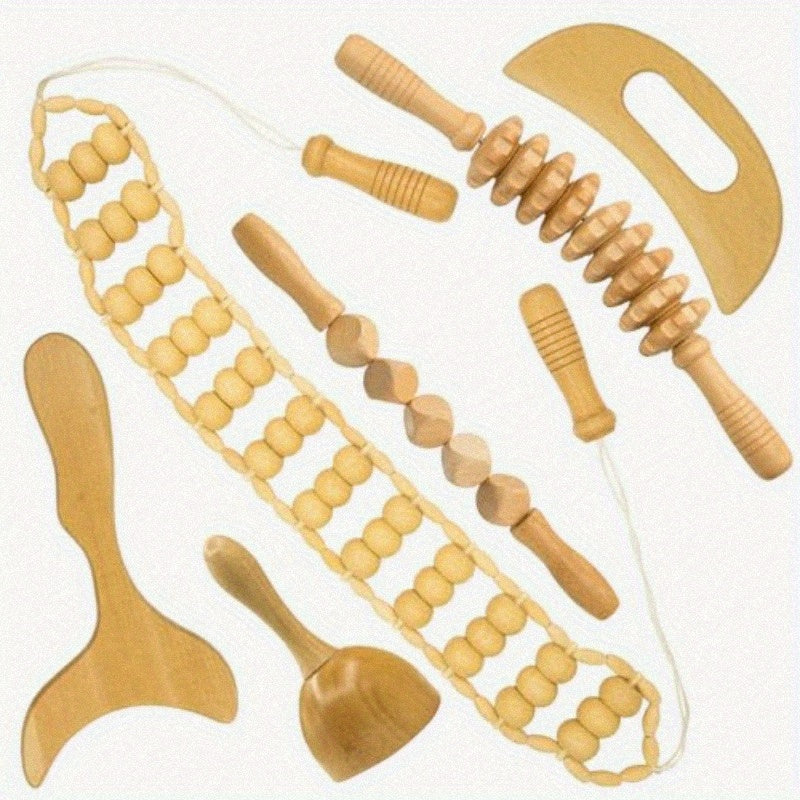 Six in One Wooden Massage Tool Set with Interchangeable Heads for Body Contouring